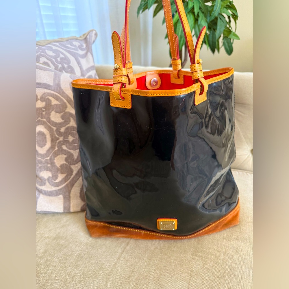 DOONEY AND BOURKE  Black and Tan Patent Leather Tote Bag